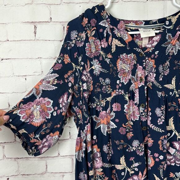 Knox Rose Blouse Shirt Top Womens Floral Button Up Rayon Large Navy Blue Pink - Picture 2 of 10